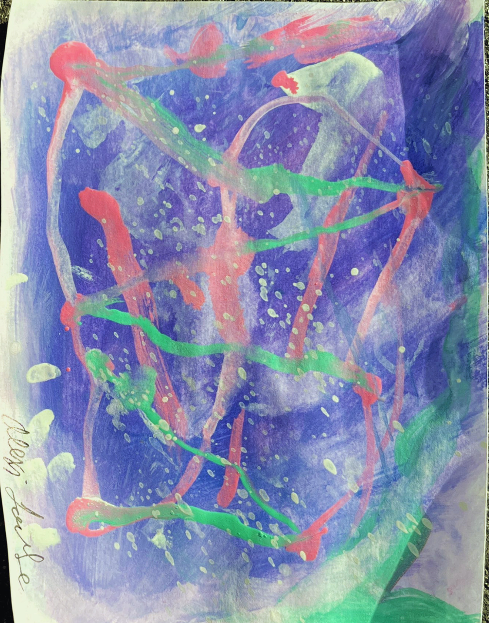 Abstract artwork with pink and green lines on a purple background